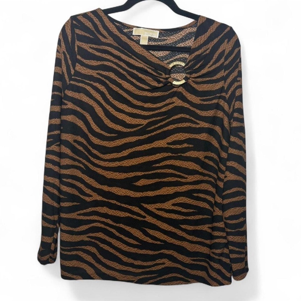 Michael Kors Animal Print Blouse L Brown Black Gold Ring Y2K Chic